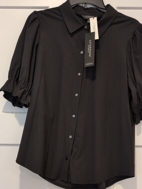 Liverpool Los Angeles Snap Front Black Puff Sleeve Blouse M nwot